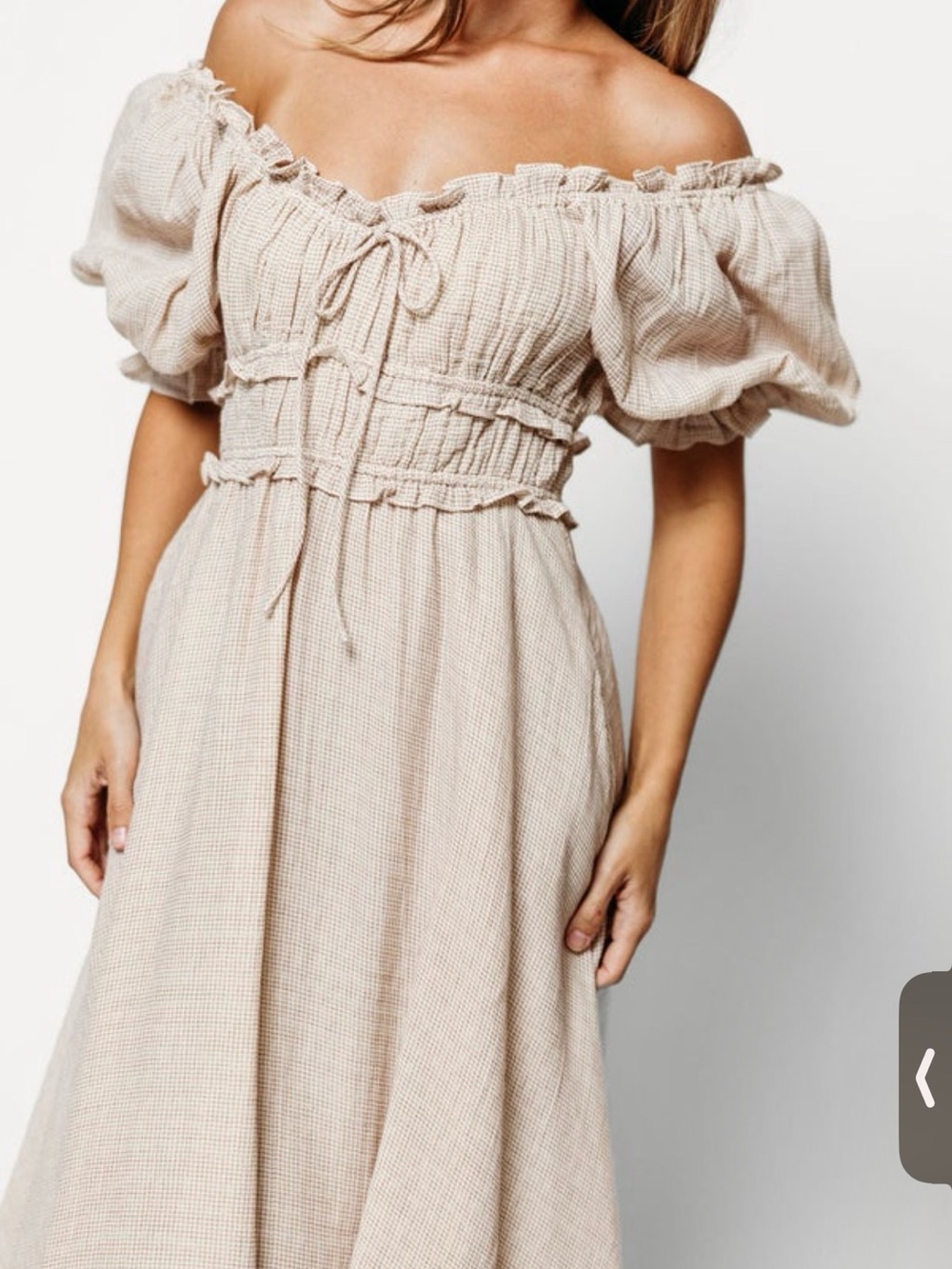Puff-Sleeve Maxi Dress in Light Beige with Smocked Tie Bodice - Picture 2 of 2